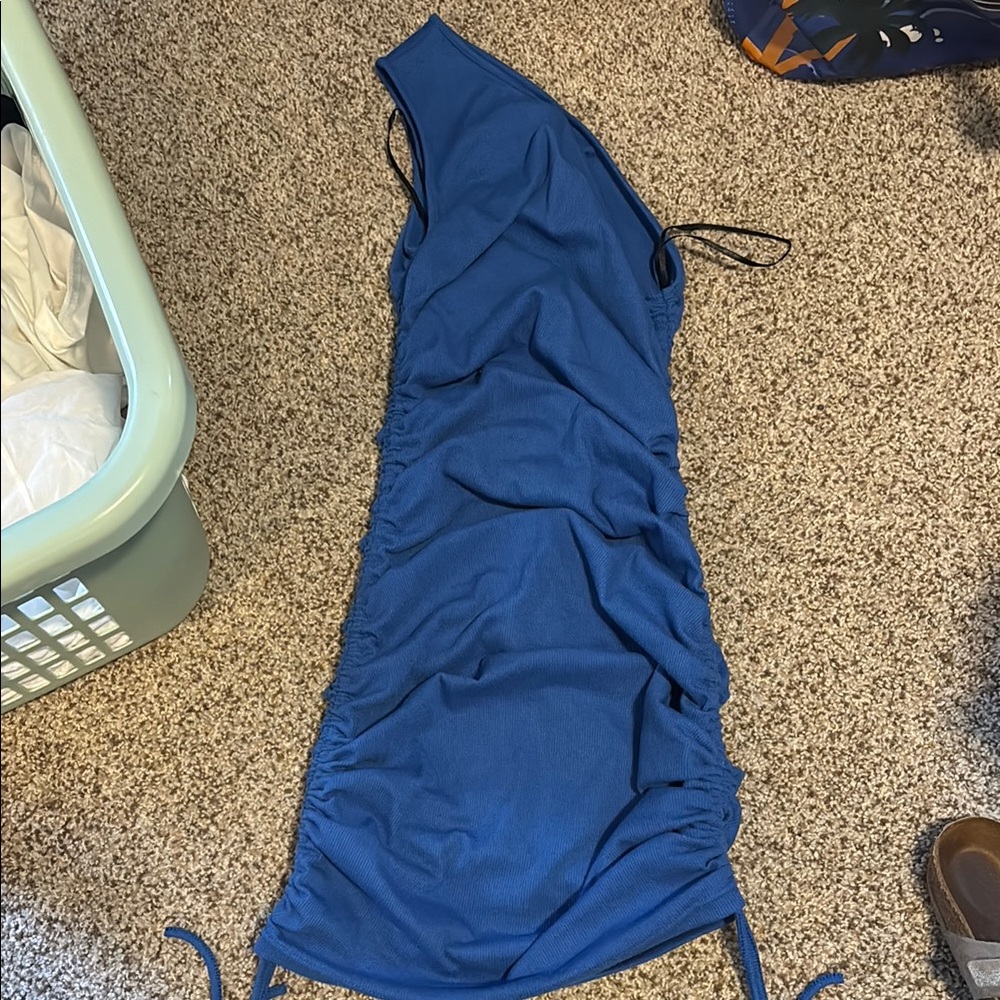 Blue One-Shoulder Ruched Dress